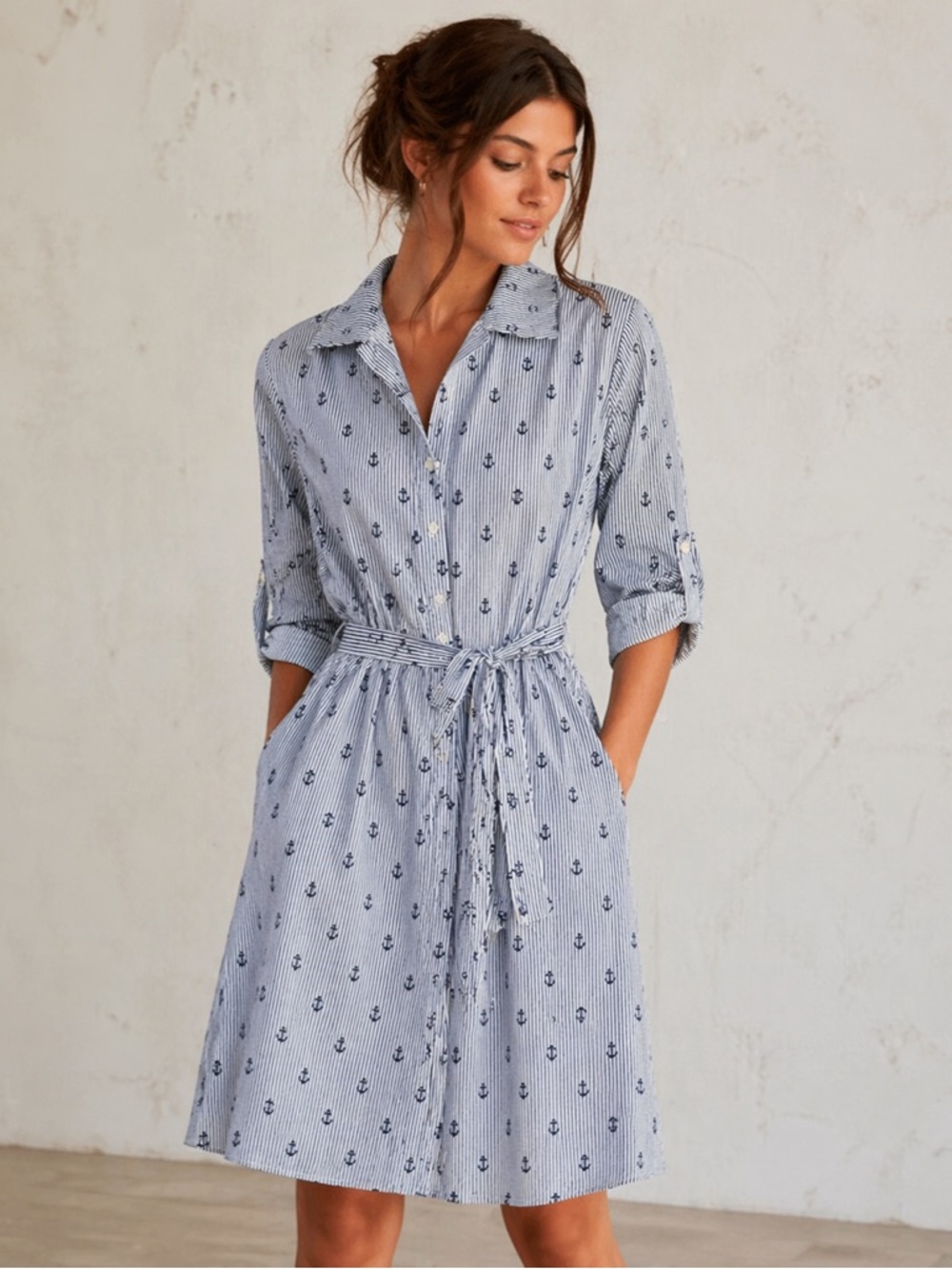 Chloe+Rene Blue Stripe Nautical Anchor Midi Dress with Belt M